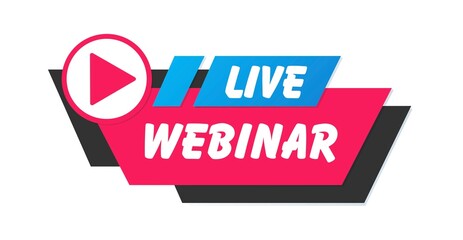 Live Webinar Icon, flat design with red play button. illustration.
