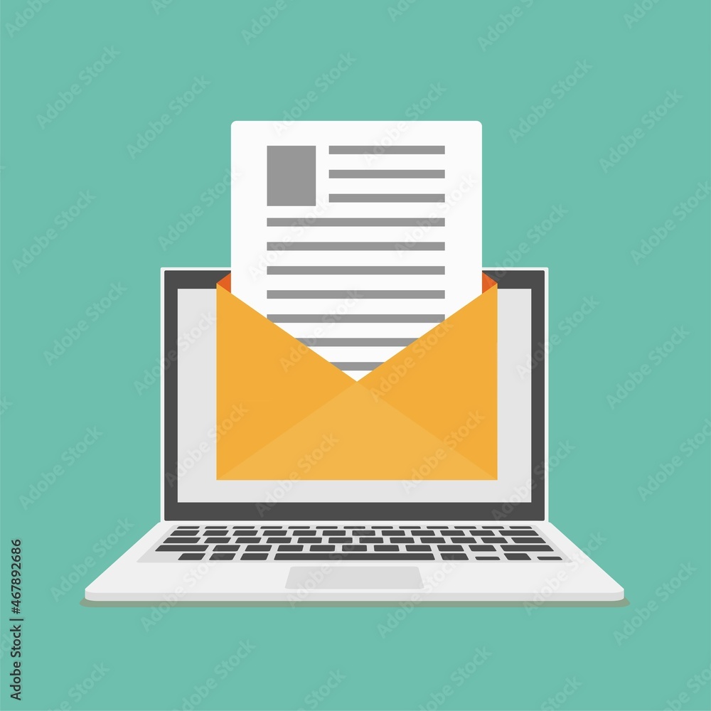 Poster laptop with new email envelope. computer and document on screen. flat style illustration.