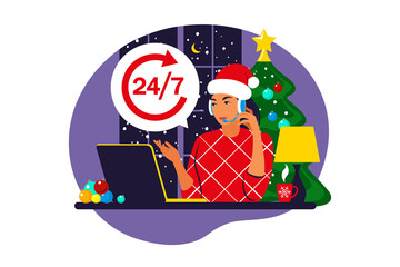 Service 24 7 concept. Girl in a Santa hat communicates with customers. Call center support in Christmas and new year . Vector illustration. Flat