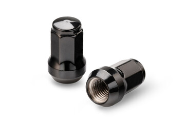 Two black wheel nuts for alloy wheels , isolate on a white background auto parts