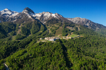 Fototapeta na wymiar Rosa Khutor Ski Resort. Mountain resort. Aerial view.