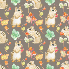 Watercolor seamless pattern with chipmunk and cloudberry isolated on gray beige background.Good for children textile,fabrics and much more.