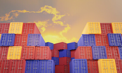 Stack of containers box in import export business logistic. 3d rendering.