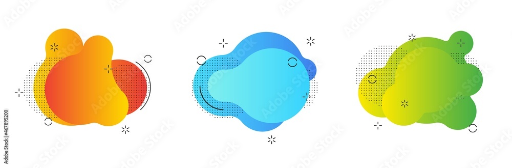 Poster set of isolated blue and red fluid blobs, gradient green and violet liquid spots.
