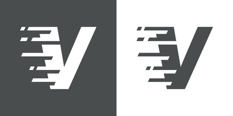 Símbolo rapidez. Logotipo con letra inicial V con líneas de velocidad en fondo gris y fondo blanco © teracreonte