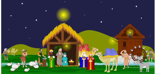 Belén para navidad con pesebre, pastores y reyes magos