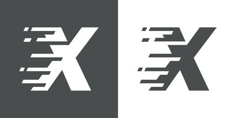Símbolo rapidez. Logotipo con letra inicial X con líneas de velocidad en fondo gris y fondo blanco