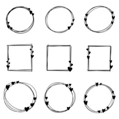 Set of round frames with hearts on a white background. Vector illustration