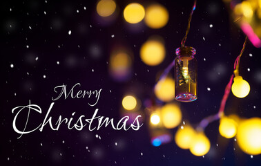 Obraz na płótnie Canvas Merry Christmas greeting card with a Christmas tree garland in a glass jar. Falling snow