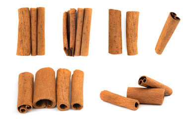 Cinnamon sticks set or collage, isolated on a white background