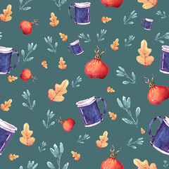 watercolor illustration seamless pattern blue mug,red rose hips,yellow leaf,blue background,for wallpaper ,fabric or furniture