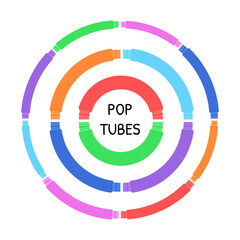 Pop tubes circle composition. Trendy 2021 sensory fidgets poptubes isolated collection. Popular antistress toys for children. Pop tubes text. Vector set illustration