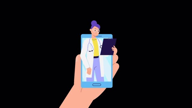 online medicine consultation concept. smartphone screen, cartoon 2d flat animation, female doctor character. ALPHA channel. Online medical service, meeting, advice, chatting, appointment healthcare