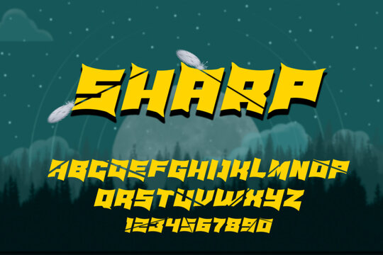 3d sharp Modern horror Alphabet Font. Typography urban style fonts for technology, digital, movie logo design.stars, moon, trees background silhouette horror, and wallpaper Halloween theme.