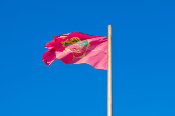Pink flag of the city of Zaporozhye against the blue sky.