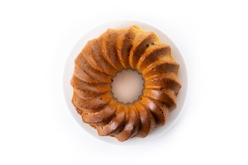Traditional bundt cake with raisins isolated on white background	