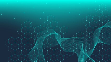 Molecular structure background. Science template wallpaper or banner with a DNA molecules. Asbtract molecule background with hexagons, wave flow, illustration.