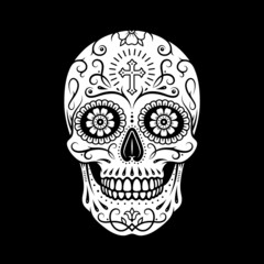 Decorative mexican sugar skull. Stylized skull. Day of the Dead. Stencil art. Sugar skull. Mexican skull. Black background.