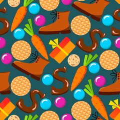 Simple hand-drawn colored vector seamless pattern. Celebration of St. Nicholas Day, Sinterklaas. For printing wrapping paper, gifts, textiles. Dark background.