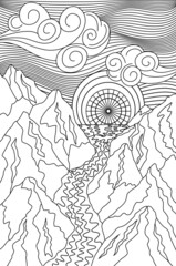 Detailed coloring page of a mountain landscape. Black and white linear vector vertical drawing of natural panorama with mountains, river, sky, clouds and sun