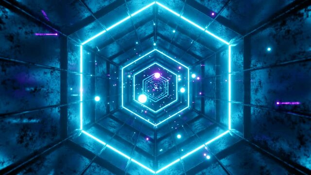 Seamless loop motion graphic of flying into hexagon digital tunnel