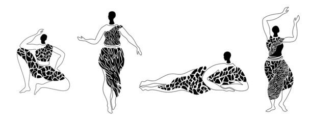 Traditional south cultures afro lady silhouette.Tribal woman ethnic model.Young african women dancing.fabric texture.Animal skin texture.Decoration beauty design isolated.body positive