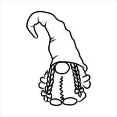 Vector Christmas card with hand drawn cute Scandinavian gnomes in patterned caps. Ink drawing, funny illustration, beautiful design elements.