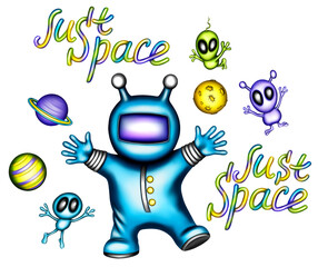 Little Astronaut, planets and cute aliens, just space lettering, clipart for kids project, scrapbooking, card making, sublimation design