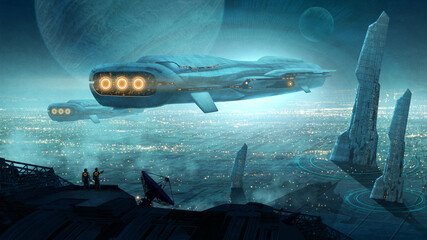 Space ships over an alien landscape - digital illustration © T Studio