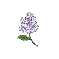 One continuous line drawing beauty fresh syringa vulgaris for garden logo. Printable decorative lilac flower concept for home decor wall art poster print. Single line draw design vector illustration