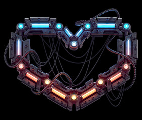 Futuristic metal font. Light neon. Heart symbol.