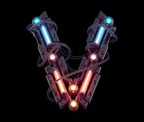 Futuristic metal font. Light neon. Letter  V.