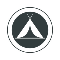 Tourist tent, gray round sign for design on white background, vector illustration