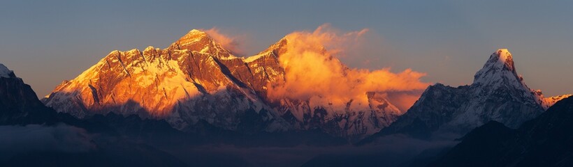 mount Everest, Lhotse and Ama Dablam Evening sunset
