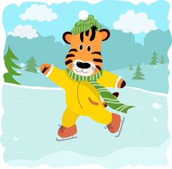 Cute tiger wearing knit hat and scarf enjoying ice skating. Vector illustration. Colorful illustration for wintertime