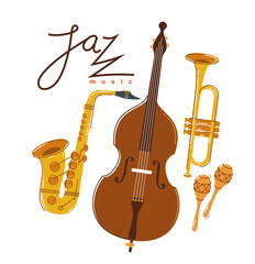Fototapeta na wymiar Jazz music band poster vector flat illustration, live sound festival or concert advertising flyer or banner, play different instruments orchestra.