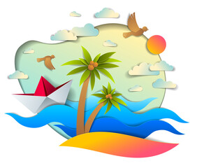 Fototapeta na wymiar Origami paper ship toy swimming in ocean waves with beach and palms, beautiful vector illustration of scenic seascape with toy boat floating in sea and birds in sky. Water travel, summer holidays.
