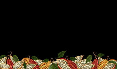Cocoa background. Organic healthy food backdrop. Cocoa beans border. Hand drawn cacao branch with fruits. Great for banner, poster, label. Cocoa leaves, seeds, cocoa collection. Superfood cacao.