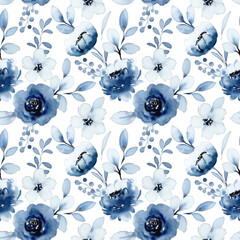 Blue white floral watercolor seamless pattern
