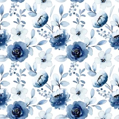 Wall murals Blue and white Blue white floral watercolor seamless pattern