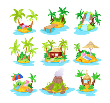 Set tropical islands in ocean with palm, bungalow, volcano, waterfall.
