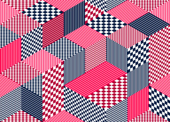 3D cubes seamless pattern vector background, rhombus and lines dimensional blocks, architecture and construction, geometric design.