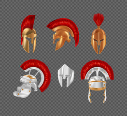 Ancient Greek warrior helmet set. Spartan antique protective headgear. Military gladiator outfit