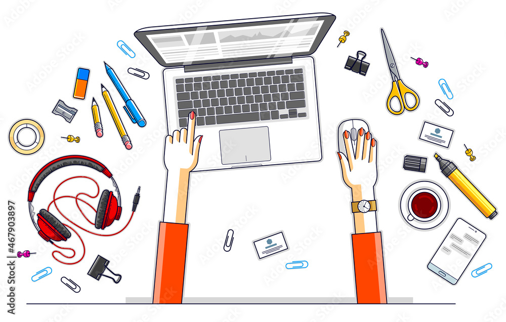 Poster office worker or entrepreneur working on a laptop computer, top view of workspace desk with human ha