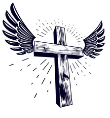 Winged Christian cross vector religion logo or tattoo.