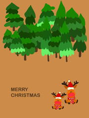 Postcard with green trees and deer and wishes for a Merry Christmas.