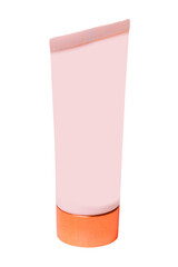 Cosmetics labels isolated. Close-up of a light pink tube cosmetic cream with a skin care product for face or other products with a empty label isolated on a white background. Macro.