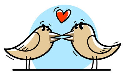 Two little cute birds lovers romantic kissing funny cartoon flat vector illustration isolated on white.