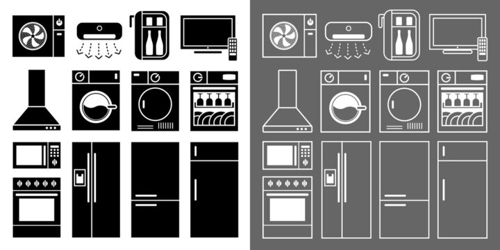 Collection de pictogrammes d&rsquo;appareils m&eacute;nagers qui fonctionnent &agrave; l&rsquo;&eacute;lectricit&eacute; sous forme de silhouettes noires ou de trait blanc.