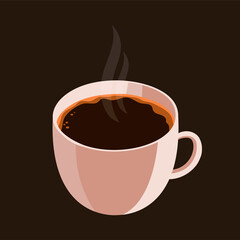A cup of strong coffee on a black background. Hot tasty drink. Morning breakfast. Vector illustration